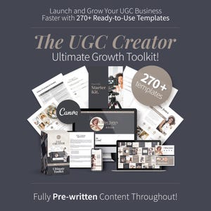 Boîte à outils UGC Creator Ultimate, modèle de portfolio, contrat d'influence, UGC TikTok, kit média, outil de suivi des médias sociaux, Instagram Canva, site Web
