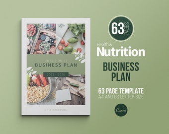 Pode incluir: Uma capa branca com fundo verde que apresenta uma colagem de imagens de alimentos saudáveis. O texto na capa diz "Nutritionist Business Plan 2022-2026" e "Health & Nutrition Business Plan 63 Page Template A4 and US Letter Size". A capa também inclui um círculo verde com o texto "63 Pages" e o logotipo da Canva.