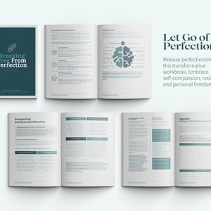 Op de afbeelding: Een werkboek met de titel "Let Go of Perfectionism" in teal en wit. De omslag toont een hersengrafiek en de tekst "Laat perfectionisme los met dit transformerende werkboek. Omarm zelfcompassie, veerkracht en persoonlijke vrijheid."