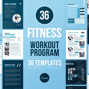 Peut inclure: Une conception graphique bleue et blanche avec le texte "36 Fitness Workout Program" et "36 Templates A4 and US Letter Size". La conception comprend également des images de personnes faisant de l'exercice et un schéma de couleurs bleu et blanc.