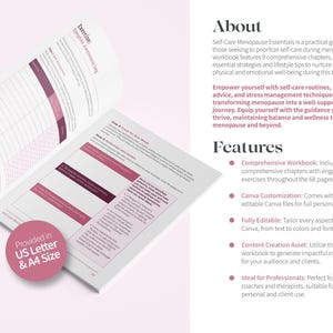 May include: A workbook titled "Self-Care Menopause Essentials" with open pages displaying exercises. The workbook is white with pink accents and includes the text "Provided in US Letter & A4 Size".