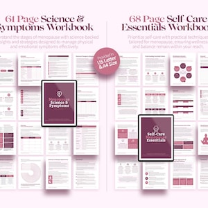 K&ouml;nnte beinhalten: Zwei Arbeitsb&uuml;cher auf rosa Hintergrund. Das linke Arbeitsbuch tr&auml;gt den Titel "61 Page Science & Symptoms Workbook" und das rechte Arbeitsbuch tr&auml;gt den Titel "68 Page Self Care Essentials Workbook". Jedes Arbeitsbuch hat ein Tablet mit einem Cover-Design. Die Arbeitsb&uuml;cher werden in US Letter & A4-Gr&ouml;&szlig;e angeboten.