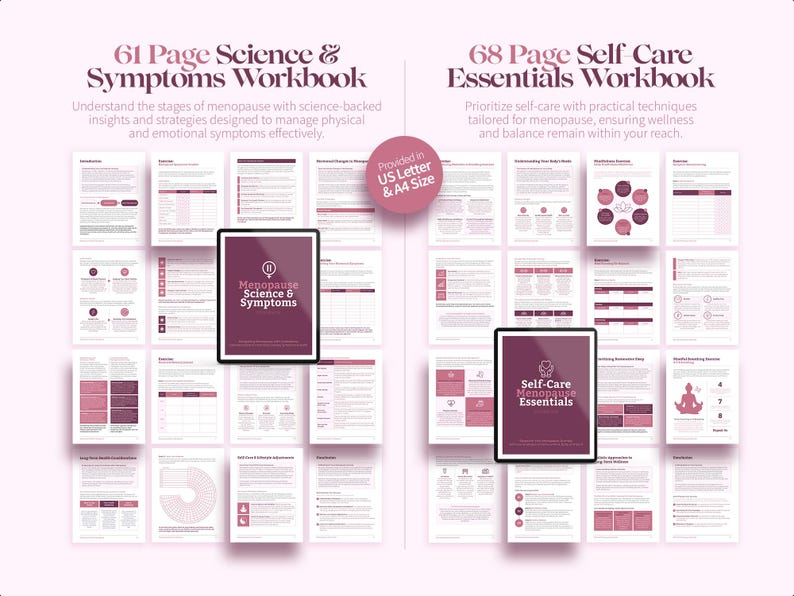 K&ouml;nnte beinhalten: Zwei Arbeitsb&uuml;cher auf rosa Hintergrund. Das linke Arbeitsbuch tr&auml;gt den Titel "61 Page Science & Symptoms Workbook" und das rechte Arbeitsbuch tr&auml;gt den Titel "68 Page Self Care Essentials Workbook". Jedes Arbeitsbuch hat ein Tablet mit einem Cover-Design. Die Arbeitsb&uuml;cher werden in US Letter & A4-Gr&ouml;&szlig;e angeboten.