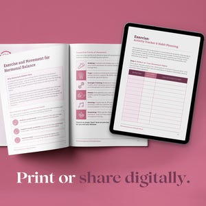 May include: A printable guide with the title "Exercise and Movement for Hormonal Balance" and a section titled "Exercise: Activity Tracker & Habit Planning". The guide includes a table for tracking exercise activities and habits.