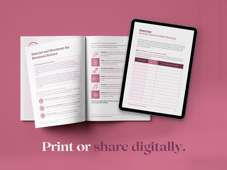 May include: A printable guide with the title "Exercise and Movement for Hormonal Balance" and a section titled "Exercise: Activity Tracker & Habit Planning". The guide includes a table for tracking exercise activities and habits.