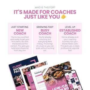 May include: A promotional image with text that reads "IT'S MADE FOR COACHES JUST LIKE YOU." The image is divided into three sections: "NEW COACH," "BUSY COACH," and "ESTABLISHED COACH." Below are several documents and a phone displaying a pink and white interface.