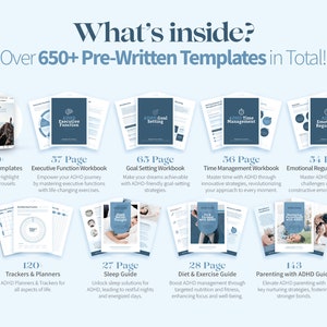 May include: A graphic with the text "What's inside? Over 650+ Pre-Written Templates in Total!" and examples of templates, including Instagram templates, workbooks, guides, and planners for ADHD.