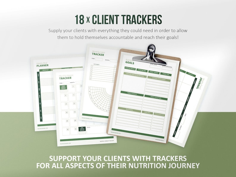 K&ouml;nnte beinhalten: Ein Satz von 18 druckbaren Client-Trackern f&uuml;r Ern&auml;hrungs-Coaching. Die Tracker umfassen einen Planer, ein Tagebuch, einen Habit-Tracker und einen Ziel-Tracker. Die Tracker sollen Klienten dabei helfen, ihre Ern&auml;hrungsziele zu erreichen.