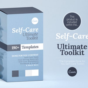 K&ouml;nnte beinhalten: Eine blaue Box mit einem Stapel grauer Steine auf der Vorderseite. Die Box ist mit "Self-Care Ultimate Toolkit" beschriftet und enth&auml;lt den Text "190+ Templates" und "Done for You Content". Die Box befindet sich auf einem hellblauen Hintergrund.