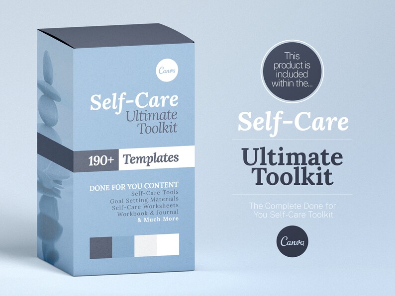 K&ouml;nnte beinhalten: Eine blaue Box mit einem Stapel grauer Steine auf der Vorderseite. Die Box ist mit "Self-Care Ultimate Toolkit" beschriftet und enth&auml;lt den Text "190+ Templates" und "Done for You Content". Die Box befindet sich auf einem hellblauen Hintergrund.