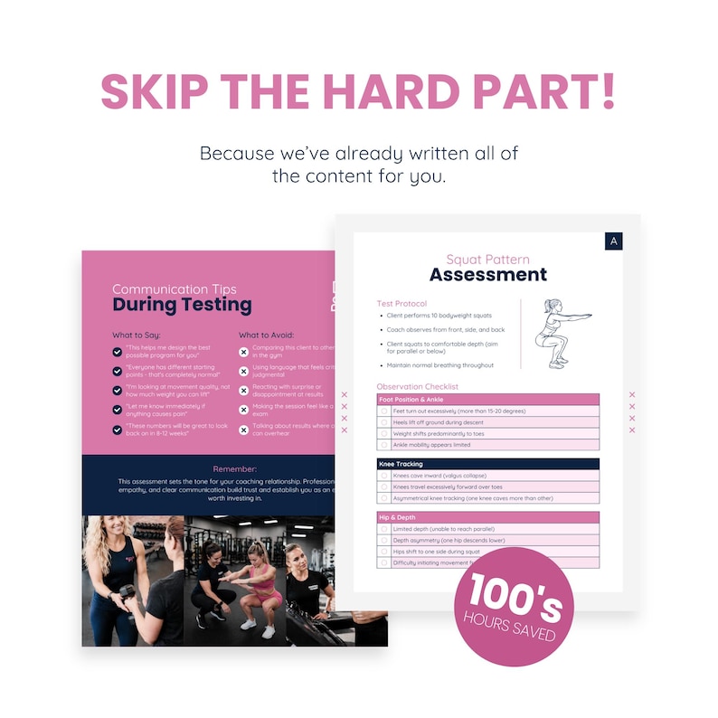 May include: A pink and white document titled "Communication Tips During Testing" and a white document titled "Squat Pattern Assessment." The documents have checklists and text. The image also includes a photo of people working out.