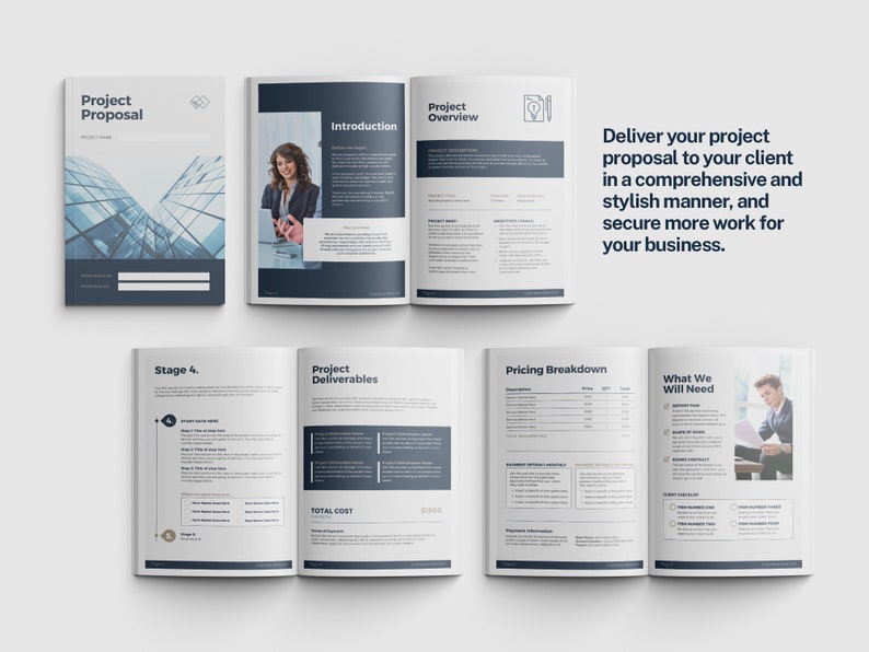 May include: A project proposal template with a dark blue and gray color scheme. The template includes sections for project overview, introduction, deliverables, pricing breakdown, and what we will need. The template is designed to help businesses deliver professional proposals to clients.