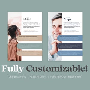 May include: Two printable pages with a light blue, gray, and brown color scheme. The pages have the text "Next Steps" and list steps for preparing for your first session. The pages are customizable with your own images and text.