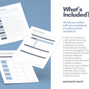 K&ouml;nnte beinhalten: Ein digitaler Download von 45 Selbstpflege-Arbeitsbl&auml;ttern und Trackern. Der Text "What's Included?" befindet sich oben im Bild. Die Liste der Arbeitsbl&auml;tter und Tracker umfasst "Selbstpflege-Bewertung", "Reise der Selbstwahrnehmung", "Achtsamkeits&uuml;bungen", "Dankbarkeitsjournal", "T&auml;gliche Selbstpflege-Checkliste", "&Uuml;berwindung negativer Gedanken", "St&auml;rkung der Selbstmitgef&uuml;hl", "Mindset-Makeover", "Meine Schlafhygiene", "Festlegung pers&ouml;nlicher Grenzen", "Kreativit&auml;ts-Kickstart", "Mein soziales Unterst&uuml;tzungsnetzwerk", "Gesunde Gewohnheitsverfolgung", "Monatlicher Stimmungs-Tracker", "Zielerreichungs-Tracker", und "Selbstpflege-Rituale".
