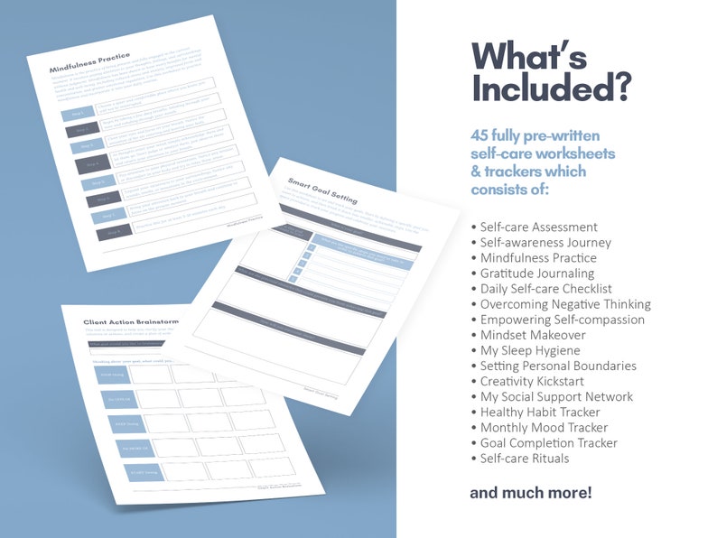 K&ouml;nnte beinhalten: Ein digitaler Download von 45 Selbstpflege-Arbeitsbl&auml;ttern und Trackern. Der Text "What's Included?" befindet sich oben im Bild. Die Liste der Arbeitsbl&auml;tter und Tracker umfasst "Selbstpflege-Bewertung", "Reise der Selbstwahrnehmung", "Achtsamkeits&uuml;bungen", "Dankbarkeitsjournal", "T&auml;gliche Selbstpflege-Checkliste", "&Uuml;berwindung negativer Gedanken", "St&auml;rkung der Selbstmitgef&uuml;hl", "Mindset-Makeover", "Meine Schlafhygiene", "Festlegung pers&ouml;nlicher Grenzen", "Kreativit&auml;ts-Kickstart", "Mein soziales Unterst&uuml;tzungsnetzwerk", "Gesunde Gewohnheitsverfolgung", "Monatlicher Stimmungs-Tracker", "Zielerreichungs-Tracker", und "Selbstpflege-Rituale".
