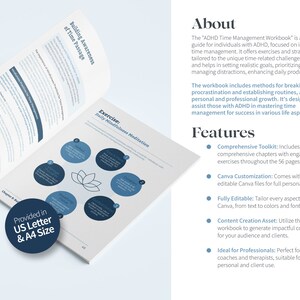 May include: A blue and white workbook titled "ADHD Time Management Workbook" with the text "Features" and a list of features including "Comprehensive Toolkit", "Canva Customization", "Fully Editable", "Content Creation Asset", and "Ideal for Professionals".