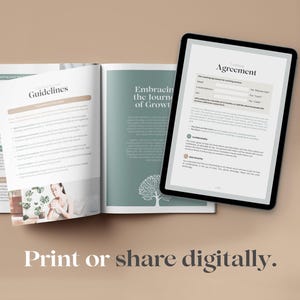 May include: Open book with the title "Guidelines" and "Embracing the Journey of Growth" on the pages. A tablet with the title "Agreement" is on top of the book. The image is on a light brown background with the text "Print or share digitally."