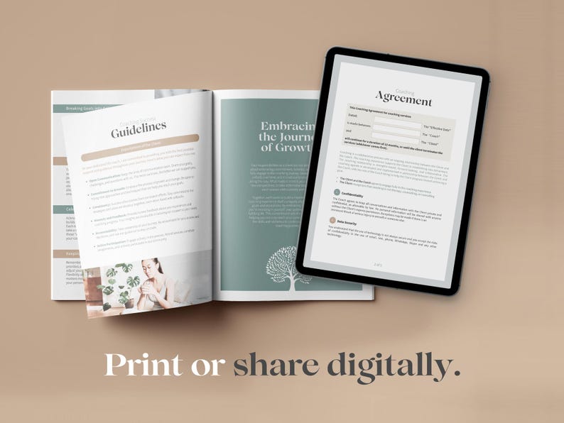 May include: Open book with the title "Guidelines" and "Embracing the Journey of Growth" on the pages. A tablet with the title "Agreement" is on top of the book. The image is on a light brown background with the text "Print or share digitally."