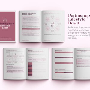 May include: A pink and white workbook titled "Perimenopause Lifestyle Reset" with the text "Embrace this season with a supportive workbook designed to nurture wellness, energy, and sustainable self-care."