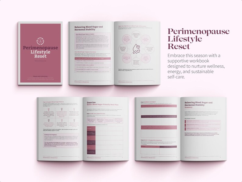 May include: A pink and white workbook titled "Perimenopause Lifestyle Reset" with the text "Embrace this season with a supportive workbook designed to nurture wellness, energy, and sustainable self-care."
