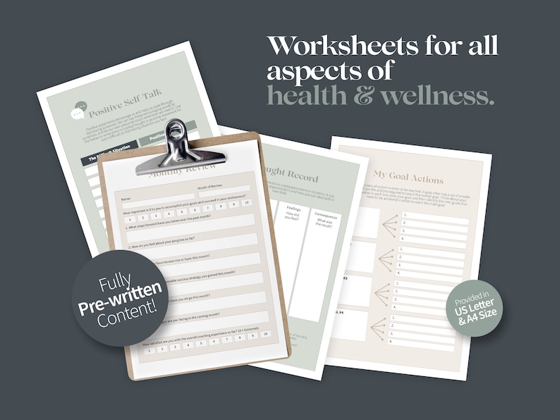 Op de afbeelding: Een set printbare werkbladen voor gezondheid en welzijn. De werkbladen omvatten onderwerpen als positieve zelfspraak, maandelijkse beoordeling, gewichtsregistratie en acties om doelen te bereiken. De tekst "Volledig voorgeprogrammeerde inhoud!" is op de afbeelding opgenomen. De werkbladen worden geleverd in US Letter- en A4-formaat.