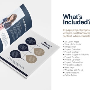 May include: A 19-page project proposal template with pre-written content. The template includes sections for a table of contents, introduction, project overview, strategy, stage breakdowns, timeline, calendar, deliverables, pricing, next steps, client feedback, and a call to action.