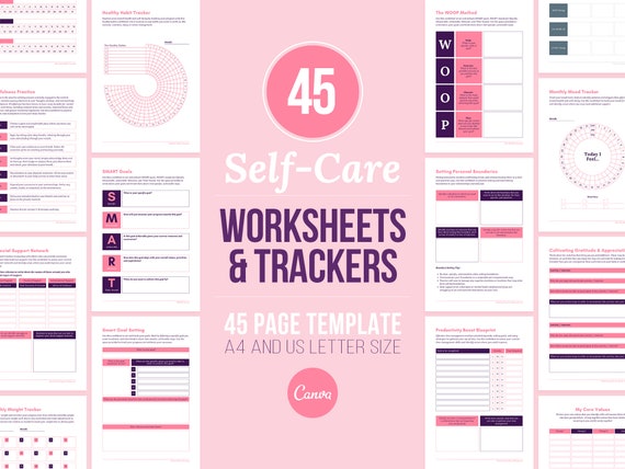 Self-Care Worksheets and Trackers, 45 Canva Wellness Templates, Self-Care Habit & Mood Tracking, Coach Therapist Client Tools, Printable