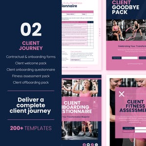 May include: A digital marketing graphic with a dark blue background and pink accents. The graphic includes the text "02 CLIENT JOURNEY" and lists various client-related documents. Images of fitness activities are also included.