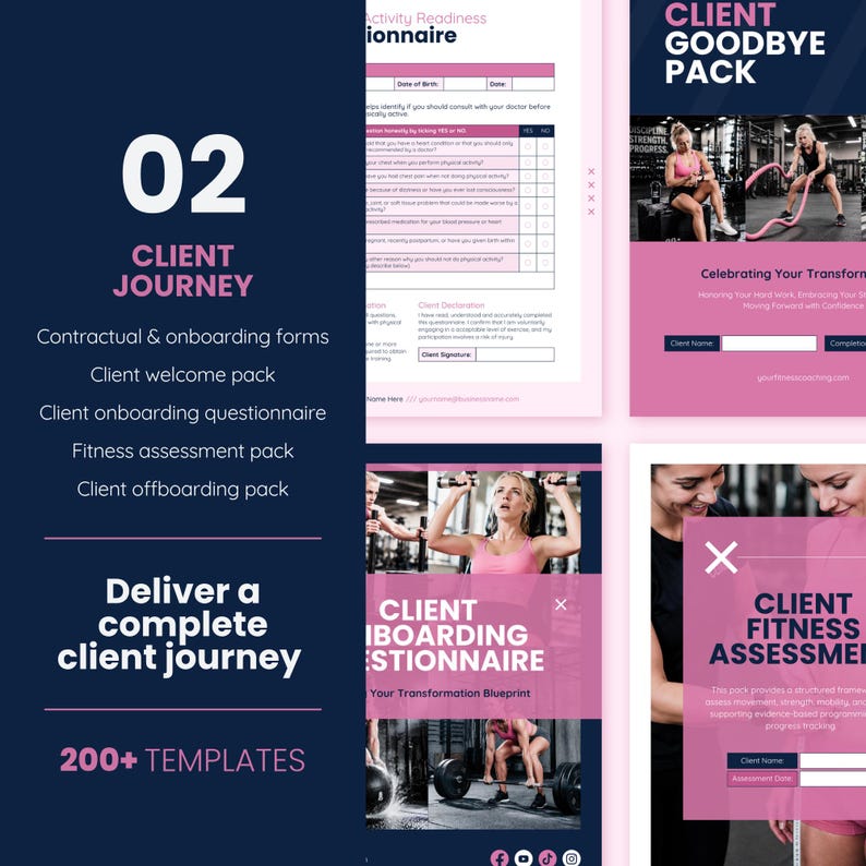 May include: A digital marketing graphic with a dark blue background and pink accents. The graphic includes the text "02 CLIENT JOURNEY" and lists various client-related documents. Images of fitness activities are also included.