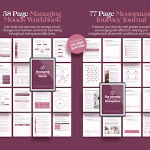 K&ouml;nnte beinhalten: Digitale Produktpr&auml;sentation mit einem 58-seitigen Arbeitsbuch und einem 77-seitigen Journal, beide mit Fokus auf die Menopause. Das Arbeitsbuch mit dem Titel "Managing Moods" und das Journal "The Journey Through Menopause" werden auf einem dunkelrosa Hintergrund pr&auml;sentiert.