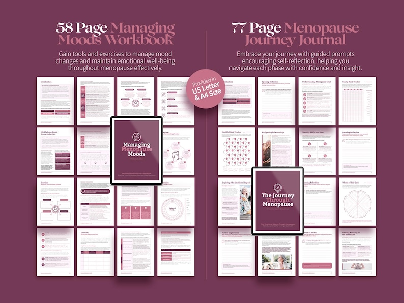 K&ouml;nnte beinhalten: Digitale Produktpr&auml;sentation mit einem 58-seitigen Arbeitsbuch und einem 77-seitigen Journal, beide mit Fokus auf die Menopause. Das Arbeitsbuch mit dem Titel "Managing Moods" und das Journal "The Journey Through Menopause" werden auf einem dunkelrosa Hintergrund pr&auml;sentiert.