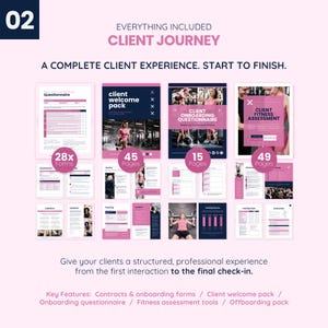 May include: A marketing image showcasing a client journey pack. The image features a pink and navy blue color scheme with various forms and documents. The pack includes a questionnaire, welcome pack, onboarding questionnaire, and fitness assessment tools.