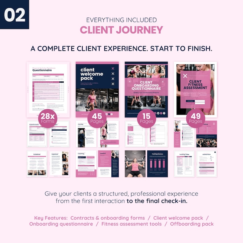 May include: A marketing image showcasing a client journey pack. The image features a pink and navy blue color scheme with various forms and documents. The pack includes a questionnaire, welcome pack, onboarding questionnaire, and fitness assessment tools.