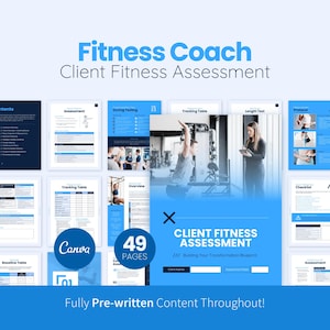 Puede incluir: Un documento azul y blanco titulado "Fitness Coach Client Fitness Assessment" con el texto "Client Fitness Assessment" en letras blancas grandes. El documento tiene 49 páginas e incluye imágenes de personas haciendo ejercicio. El documento está totalmente preescrito.