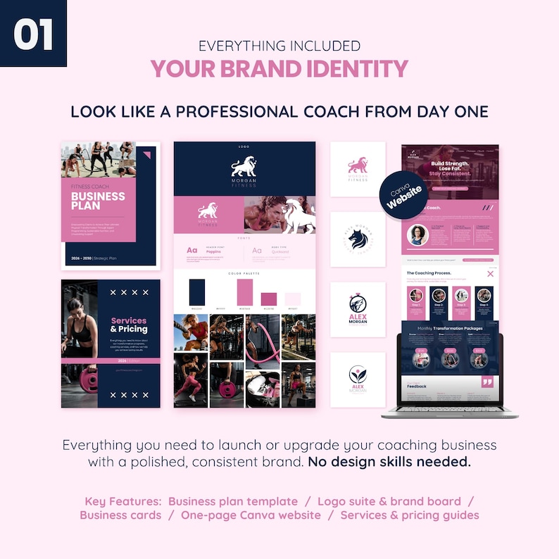 May include: A promotional image showcasing branding elements for a fitness coaching business. The design features a business plan template, logo suite, business cards, and a one-page Canva website. The color scheme includes shades of pink, navy, and white. Text includes "Your Brand Identity" and "Look like a professional coach from day one."