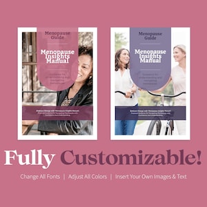 K&ouml;nnte beinhalten: Zwei Buchcover mit dem Titel "Menopause Insights Manual" mit Bildern von Frauen. Der Text "Fully Customizable!" steht unter den B&uuml;chern, mit Optionen zum &Auml;ndern von Schriftarten, Anpassen von Farben und Einf&uuml;gen von Bildern und Text.