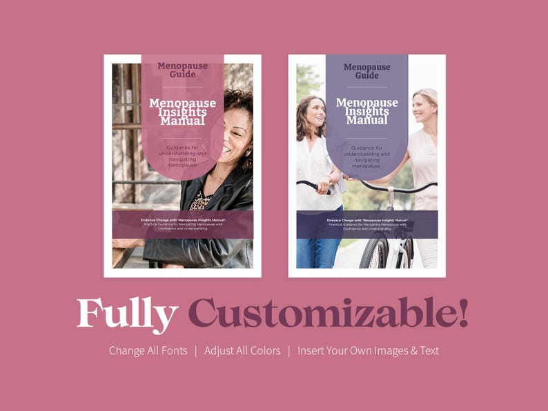 K&ouml;nnte beinhalten: Zwei Buchcover mit dem Titel "Menopause Insights Manual" mit Bildern von Frauen. Der Text "Fully Customizable!" steht unter den B&uuml;chern, mit Optionen zum &Auml;ndern von Schriftarten, Anpassen von Farben und Einf&uuml;gen von Bildern und Text.