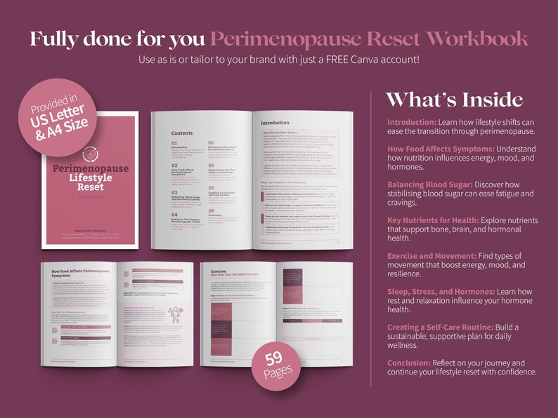 May include: A pink and white workbook titled "Perimenopause Lifestyle Reset" with a table of contents and a section titled "What's Inside" that lists the topics covered in the workbook. The workbook is 59 pages long.