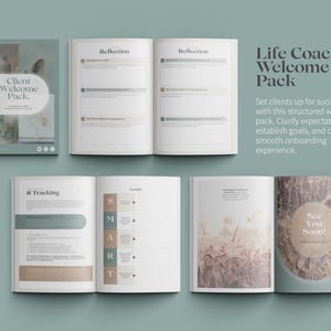 May include: A welcome pack for life coaching clients. The pack includes sections for tracking, goals, and reflection. The cover features a collage of images with the text "Client Welcome Pack."