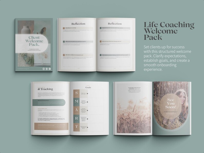 May include: A welcome pack for life coaching clients. The pack includes sections for tracking, goals, and reflection. The cover features a collage of images with the text "Client Welcome Pack."
