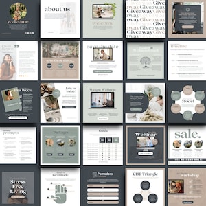 May include: A collage of social media graphics for a wellness business. The graphics feature a variety of colors, including green, brown, and white. The graphics include text such as "Welcome", "About Us", "Save the Date", "This Week", "Join Us Today", "Weight Wellness", "Sale", "Stress Free Living", "Gratitude", "Pomodoro", "CBT Triangle", "Workshop", "Podcast", "Health for Wellness Coach", "Timeline", "Model", "Guide", "Packages", "Webinar", "Fitness Routine", "Healthy Eating", and "Prompts".