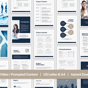 May include: A project proposal template with a blue and white color scheme. The template includes sections for project overview, timeline, calendar, deliverables, strategy, pricing breakdown, what we will need, next steps, and client feedback.