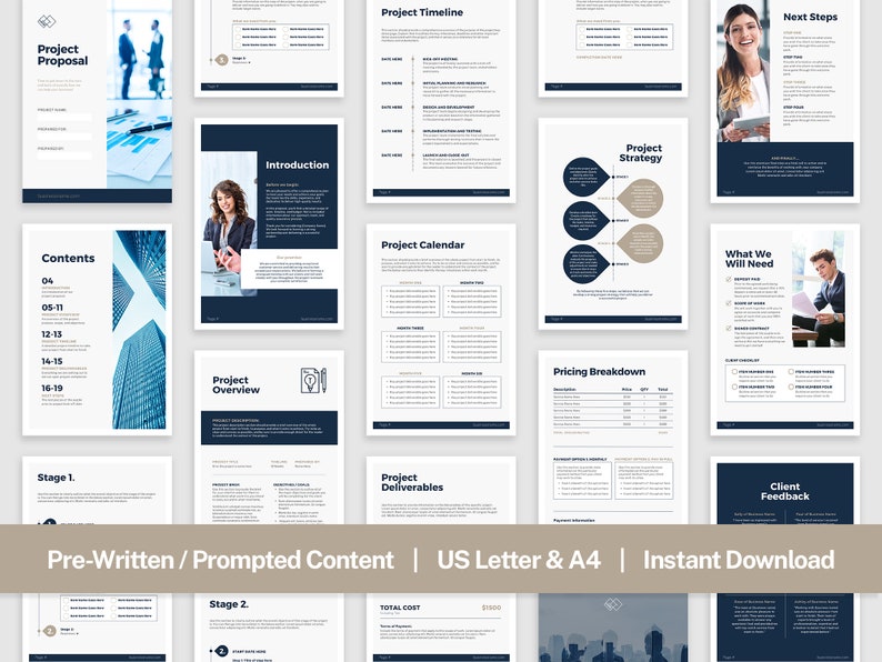 May include: A project proposal template with a blue and white color scheme. The template includes sections for project overview, timeline, calendar, deliverables, strategy, pricing breakdown, what we will need, next steps, and client feedback.