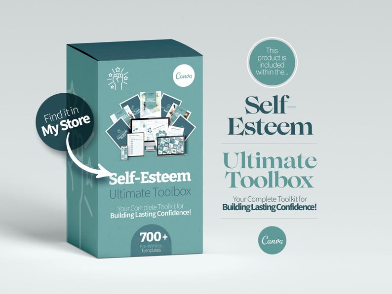 Op de afbeelding: Een tealblauwe doos met de tekst "Self-Esteem Ultimate Toolbox" en "Your Complete Toolkit for Building Lasting Confidence!" De doos heeft een afbeelding van een computerscherm met verschillende documenten en een grafiek met 700+ Canva-sjablonen.