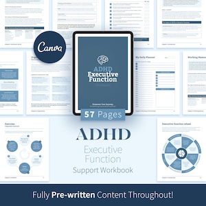 Può includere: Un quaderno di lavoro digitale intitolato "ADHD Executive Function Support Workbook" con 57 pagine. La copertina presenta un grafico del cervello e il testo "Empower Your Journey". Le pagine circostanti mostrano contenuti, tra cui un pianificatore giornaliero e una ruota delle funzioni esecutive.