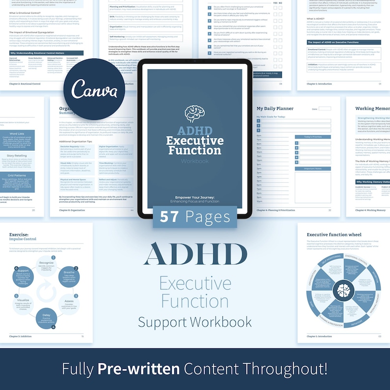 May include: A digital workbook titled "ADHD Executive Function Support Workbook" with 57 pages. The cover features a brain graphic and the text "Empower Your Journey." Surrounding pages display content, including a daily planner and an executive function wheel.