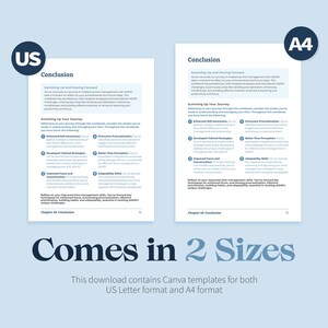 May include: A blue and white graphic design template for a time management workbook. The template is available in both US Letter and A4 sizes. The text on the template reads "Conclusion" and "Comes in 2 Sizes".