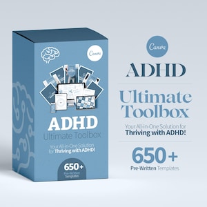 May include: A blue box with the text "ADHD Ultimate Toolbox" and "650+ Pre-Written Templates." The box features a brain graphic and images of digital devices. The Canva logo is also visible.