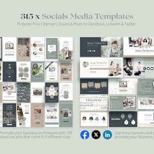 May include: A collection of 315 social media templates for Pinterest, Facebook, LinkedIn, and Twitter. The templates include Pinterest pins, banners, covers, and posts. The design features a neutral color palette with text and images.