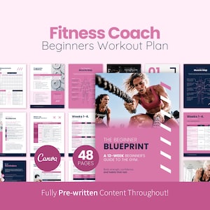Può includere: Un piano di allenamento per principianti di un coach di fitness, con un design rosa e bianco. La copertina include il testo "The Beginner Blueprint" e "A 12-Week Beginner's Guide to the Gym". Il piano è di 48 pagine.